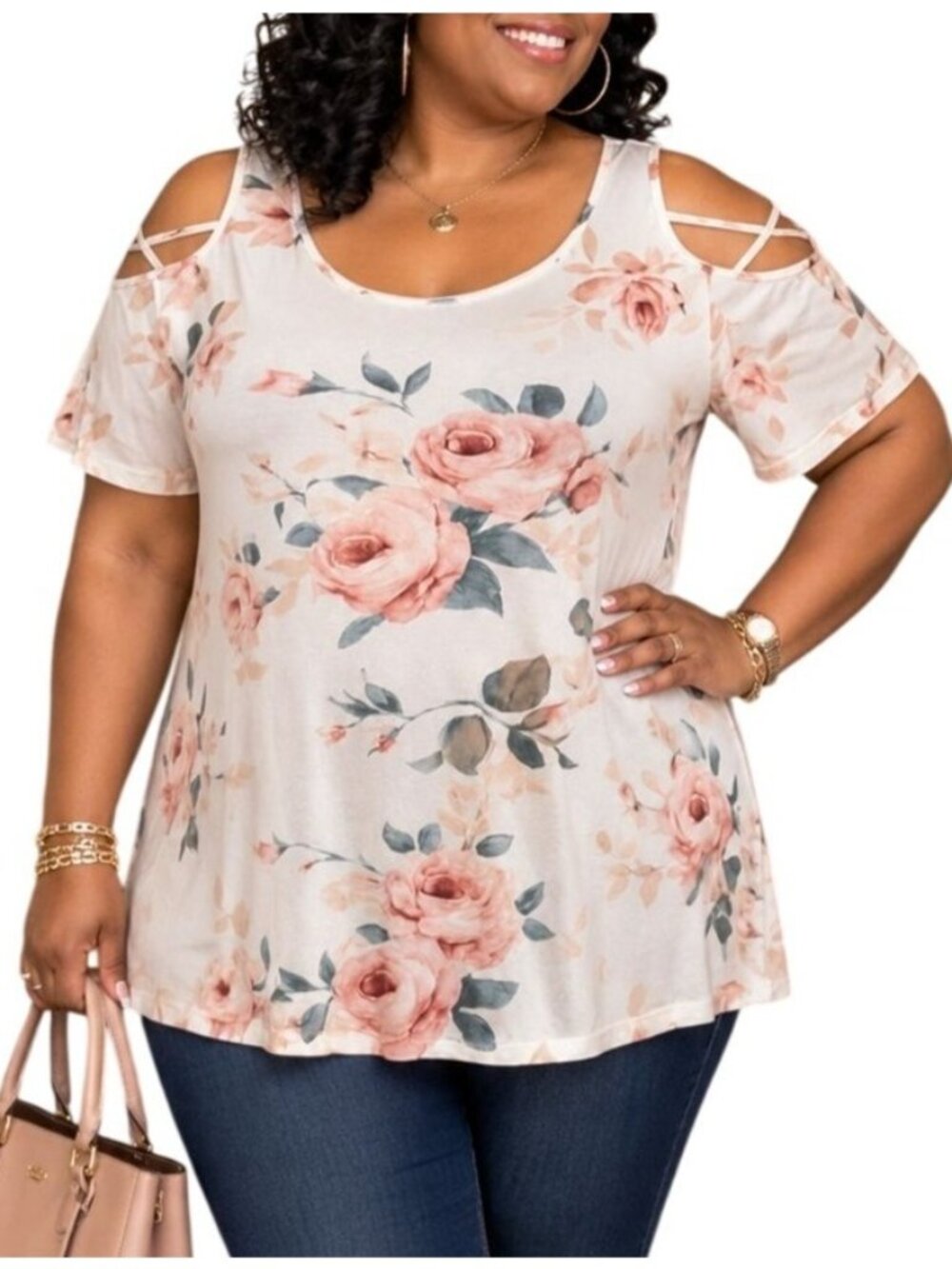 Igenjun  Size Large Top Cold Shoulder Floral White Pink Relaxed Fit Viscose Blen